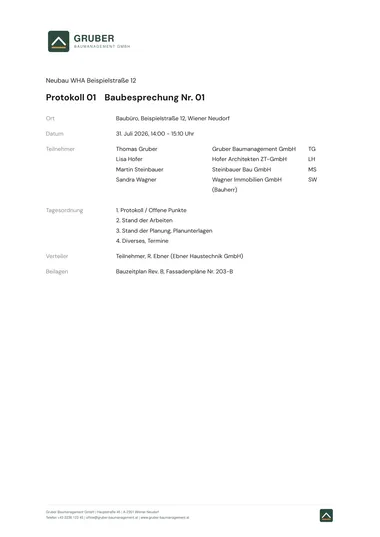 Beispiel eines Baubesprechungs-Protokolls